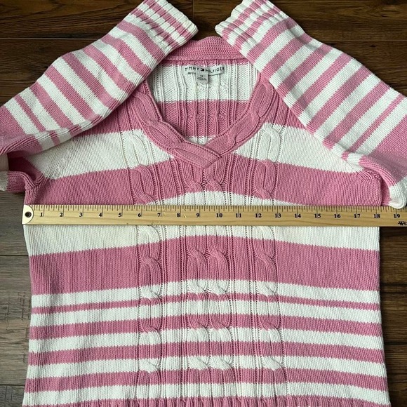 Vintage Tommy Hilfiger Pink White Striped Cable Knit Fisherman Sweater Medium - Picture 5 of 7